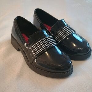 Rachel Shoes Kids Black Patent Leather Loafers with Rhinestone Strap SZ 2